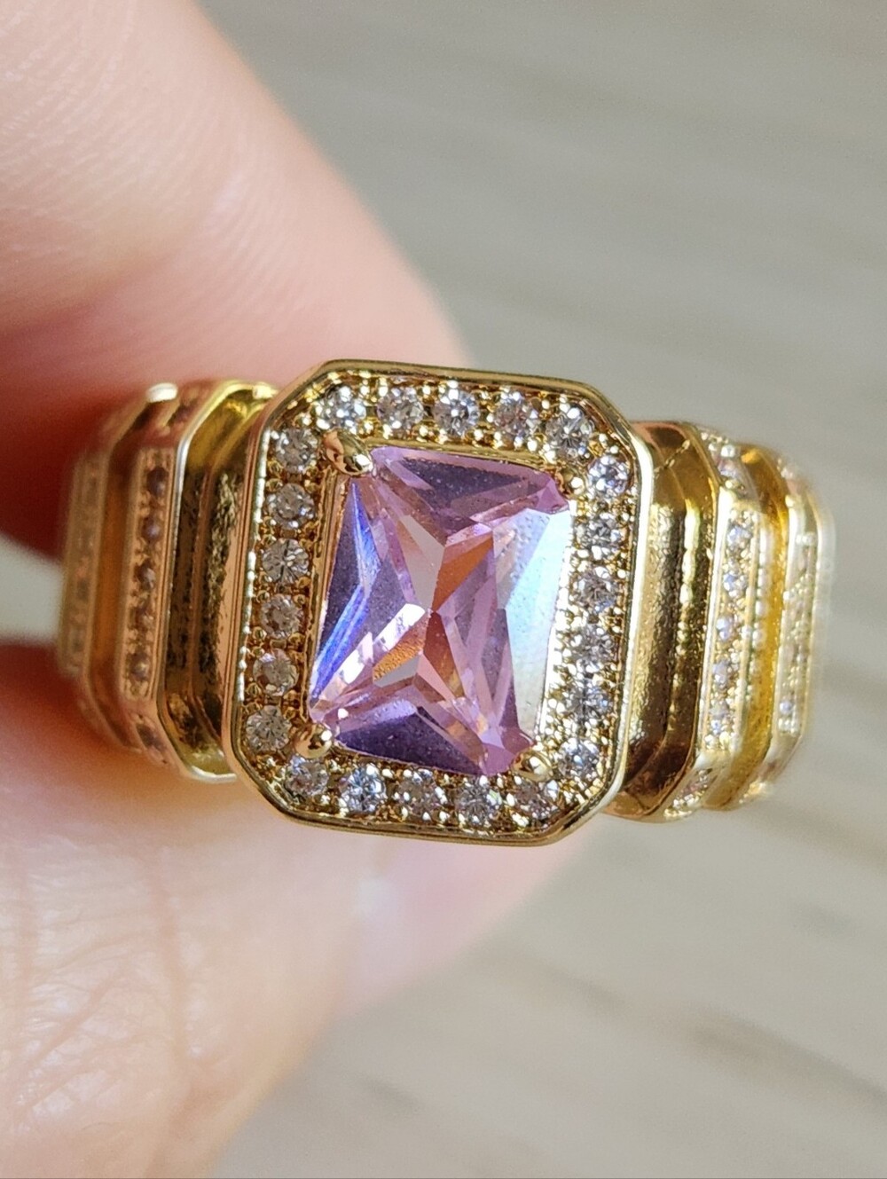New 18K Gold Plated Emerald Cut Pink Sapphire Diamond Ring for Women And Men